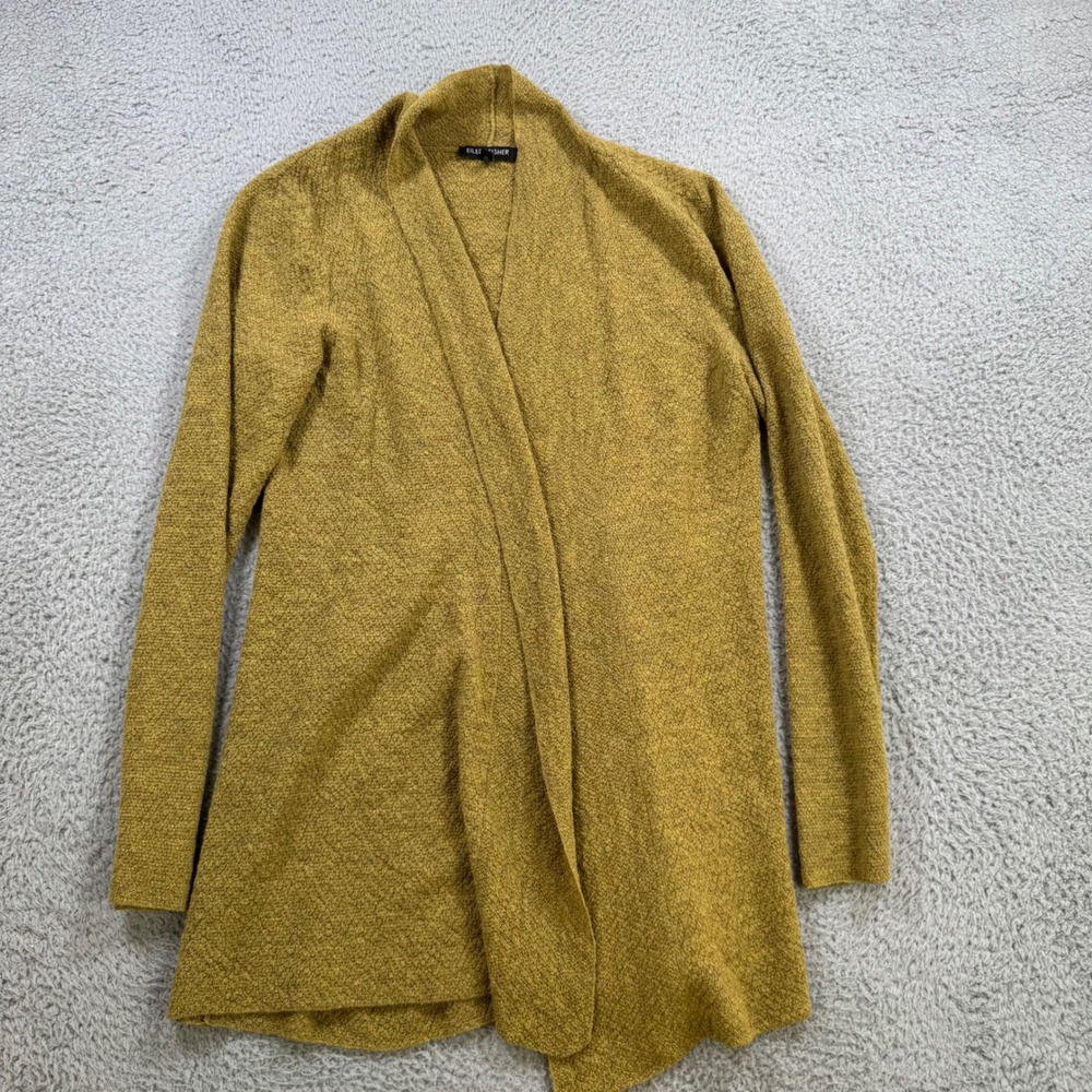 Eileen Fisher 100% Wool Italian Yarn Open Front Cardigan‎ Mustard Yellow S 10162